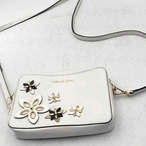 Michael Kors MK Designer White Floral Leather Crossbody Bag Purse Handbag - Picture 1 of 7